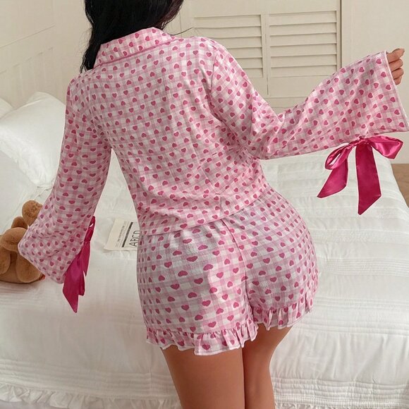 Pink Women's Heart Print Bowknot Pajama Set - Picture 2 of 6